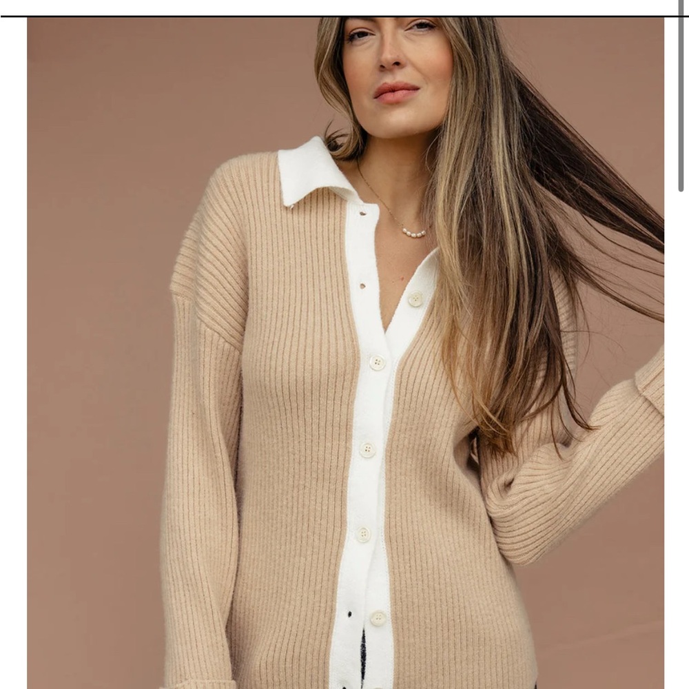Roolee Tan and White Cable Knit Cardigan Sweater